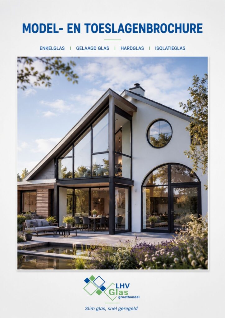 Voorpagina Model- en toeslagenbrochure LHV Glas voor enkelglas, gelaagd glas, hardglas en isolatieglas