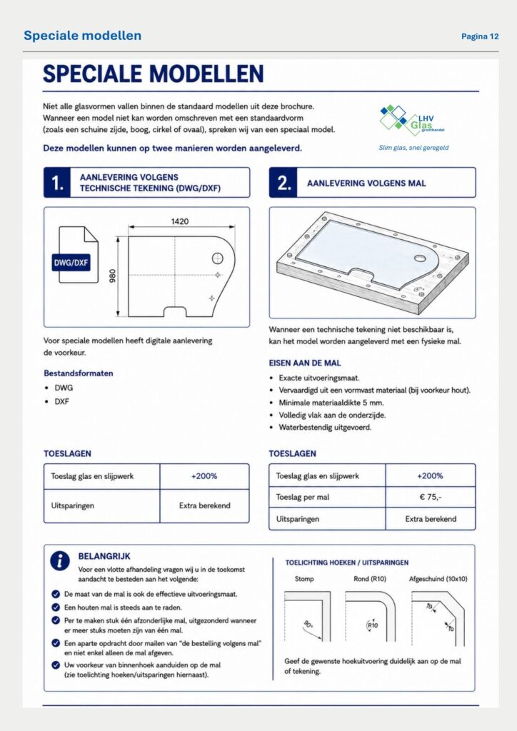 Speciale glasmodellen aanleveren via DWG/DXF-tekening of mal met bijbehorende toeslagen en voorwaarden