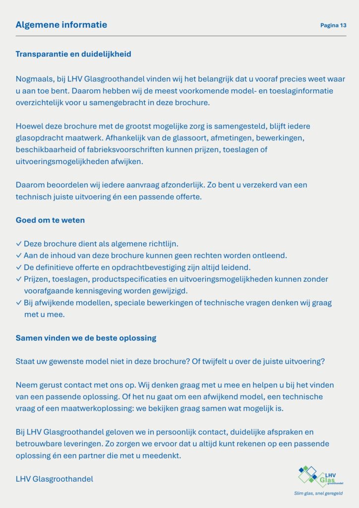 Algemene informatie en voorwaarden bij de model- en toeslagenbrochure van LHV Glas