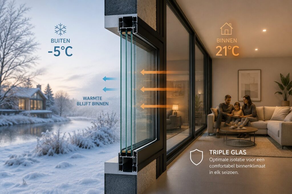 Doorsnede van triple glas met drie glasplaten en twee isolerende spouwen die de warmte binnen houden.